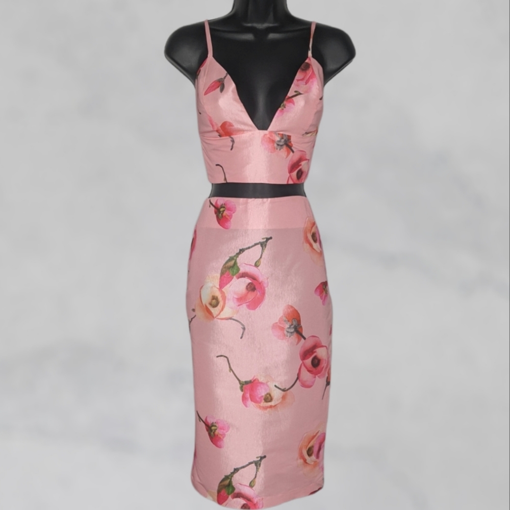 ATTACHED Floral Bouquet Print Skirt and Strappy Bustier Top Set ~ NWOT